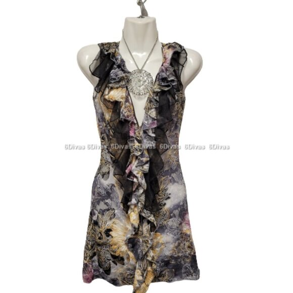 Sheer See Through Grey and Black Ruffle Frilly Sleeveless Mini Dress - Picture 4 of 10